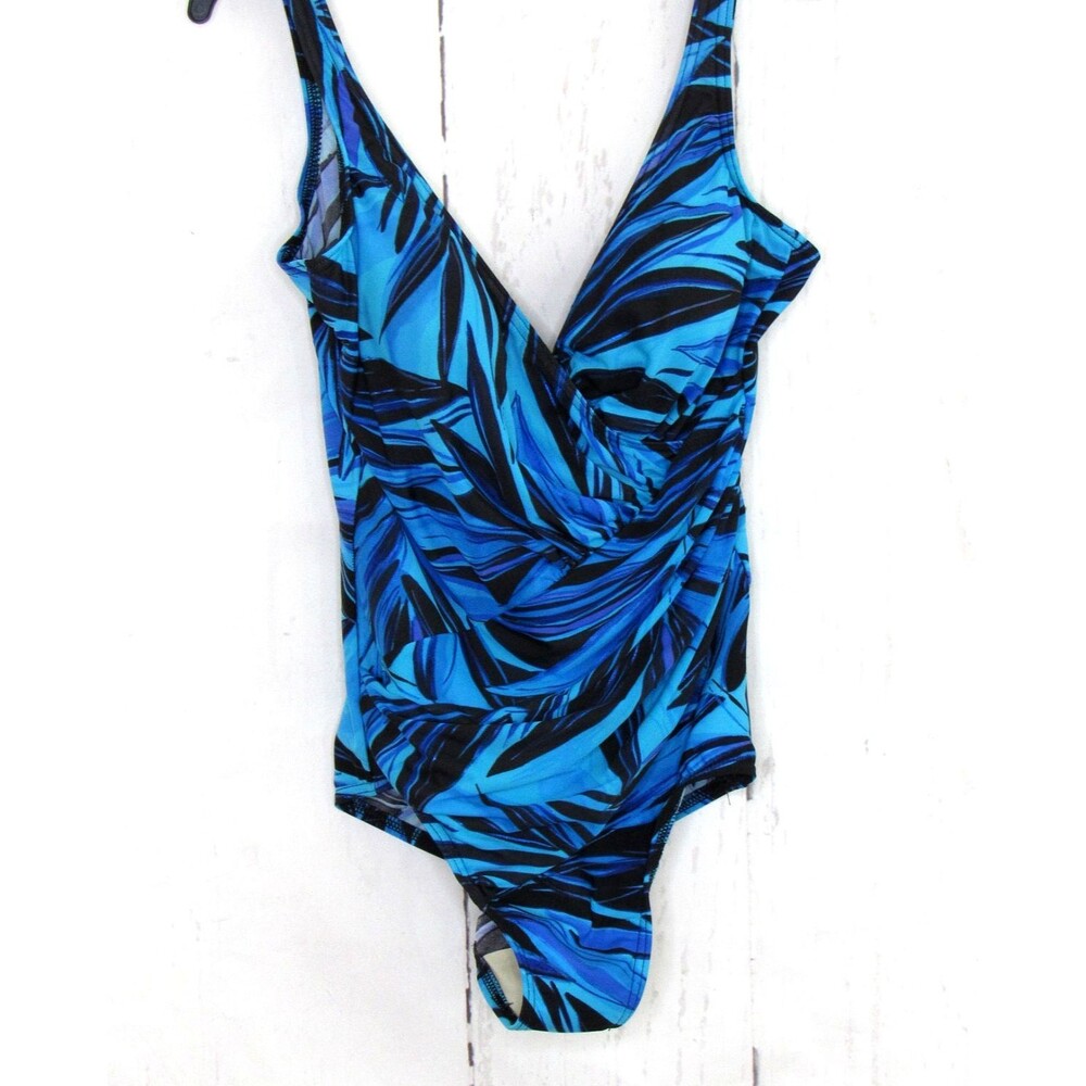 Miraclesuit One Piece Swimsuit Size 6 Blue Black Tropical Palms Ruched Slimming